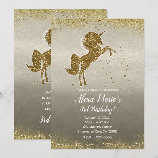 Gold Glitter Unicorn Stars Glam Birthday Party Invitation (Front/Back)