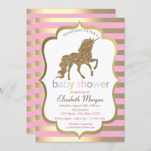 Gold Glitter Unicorn,Stripe Baby Shower Invitation