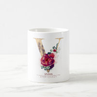 Gold Glitter V Monogram Floral Burgundy Red