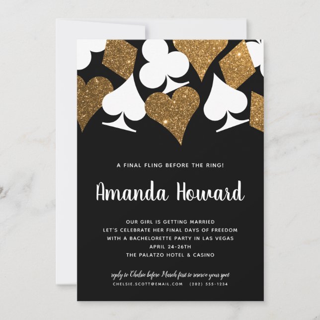 Gold Glitter Vegas Theme Bachelorette Party Invite (Front)