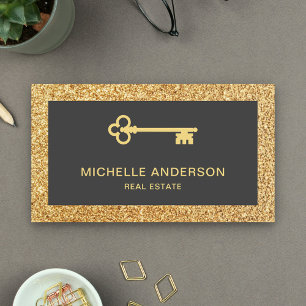 Gold Glitter Vintage Antique Key Real Estate Business Card