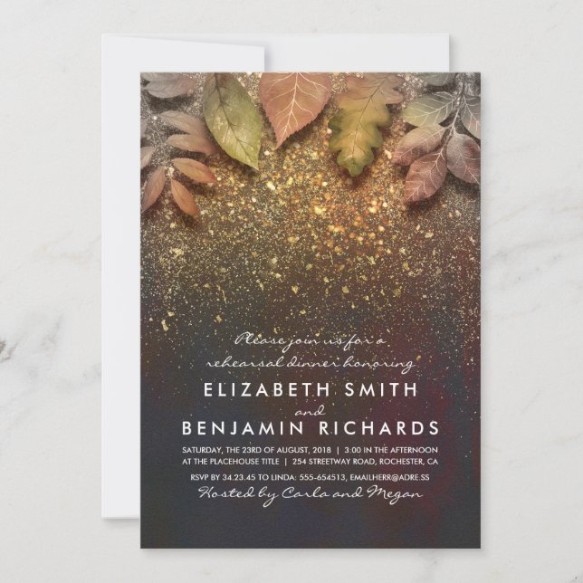 Gold Glitter Vintage Fall Leaves Rehearsal Dinner Invitation (Front)