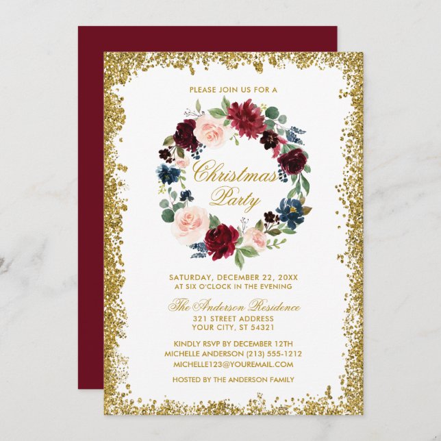 Gold Glitter Watercolor Floral Christmas Party Invitation (Front/Back)
