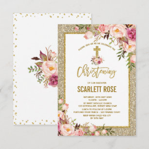 Gold Glitter Watercolor Floral Girl Christening Invitation