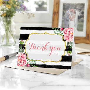 Gold Glitter Watercolor Floral Stripes Thank You Card
