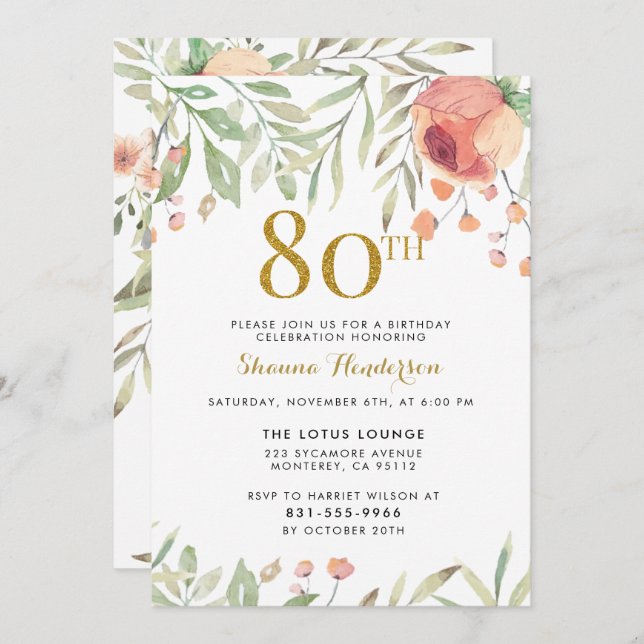 Gold Glitter & Watercolor Flowers 80th Birthday Invitation (Front/Back)