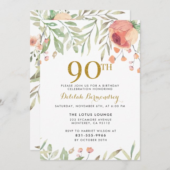 Gold Glitter & Watercolor Flowers 90th Birthday Invitation (Front/Back)