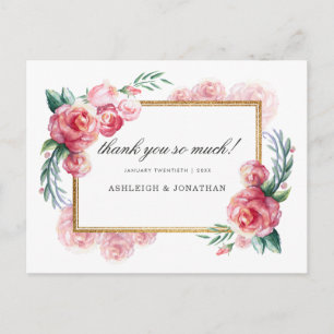 Gold Glitter & Watercolor Flowers Thank You Postcard