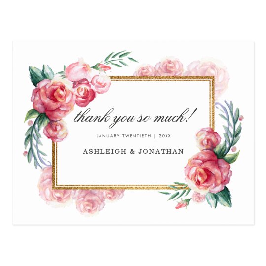 Gold Glitter & Watercolor Flowers | Thank You Postcard