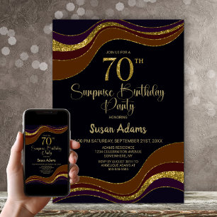 Gold Glitter Wave Black Surprise 70th Birthday Invitation