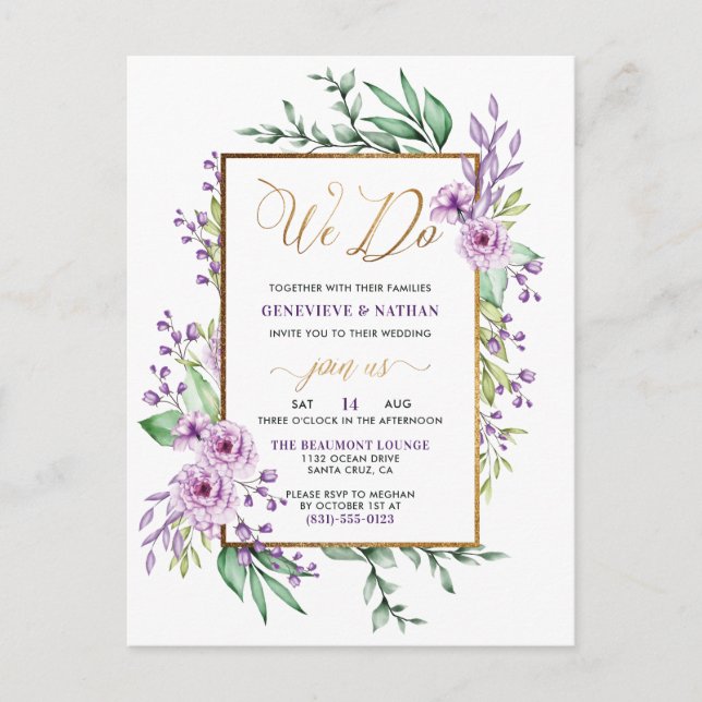 Gold Glitter "We Do" Pastel Purple Floral Wedding Invitation Postcard (Front)