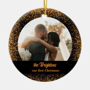 Gold Glitter Wedding Couple Photo Ceramic Ornament