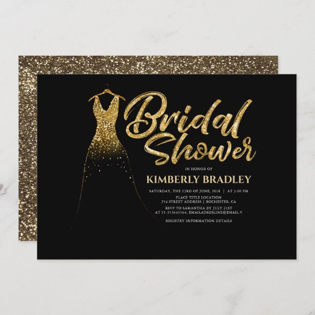 Gold Glitter Wedding Dress Black Bridal Shower Invitation (Front/Back)