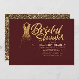 Gold Glitter Wedding Dress Burgundy Bridal Shower Invitation