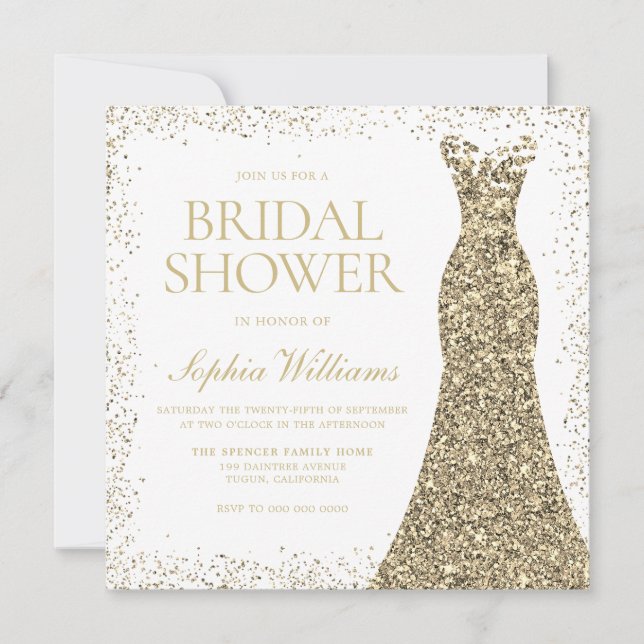 Gold Glitter Wedding Dress Gown Bridal Shower Invitation (Front)