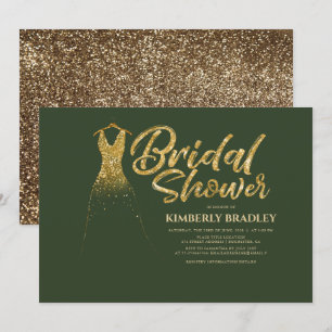 Gold Glitter Wedding Dress Green Bridal Shower Invitation
