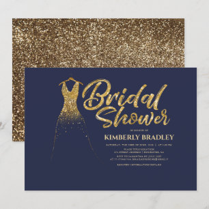 Gold Glitter Wedding Dress Navy Blue Bridal Shower Invitation