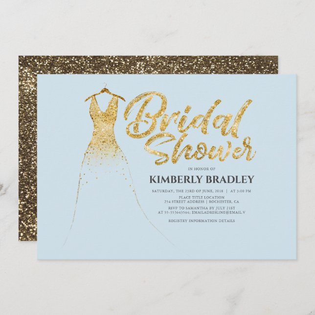 Gold Glitter Wedding Gown Dusty Blue Bridal Shower Invitation (Front/Back)
