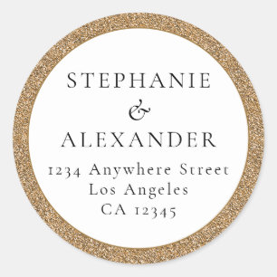 Gold Glitter Wedding Name Return Address Classic Round Sticker