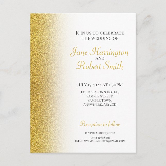 Gold Glitter Wedding Postcard Invite (Front)
