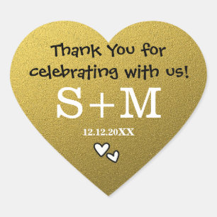 Gold Glitter Wedding Thank You Monogram Heart Sticker