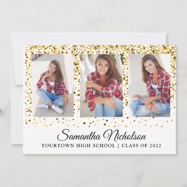Gold Glitter White 4 Photo Graduation Announcement (Front)