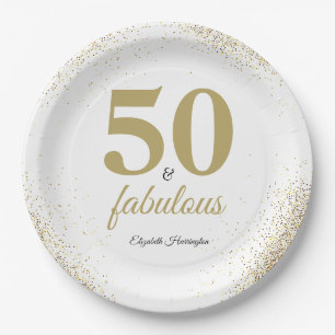Gold Glitter White 50 And Fabulous Birthday Paper Plate