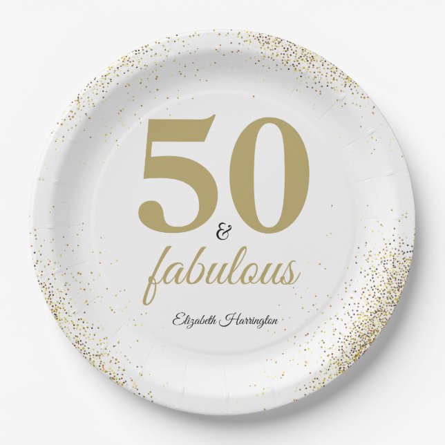 Gold Glitter White 50 And Fabulous Birthday Paper Plate (Front)