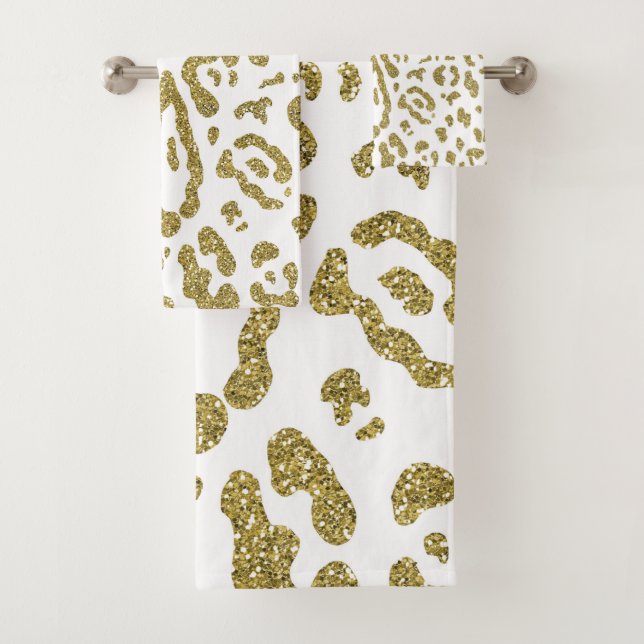 Gold Glitter White Cheetah Leopard Animal Print  Bath Towel Set (Insitu)