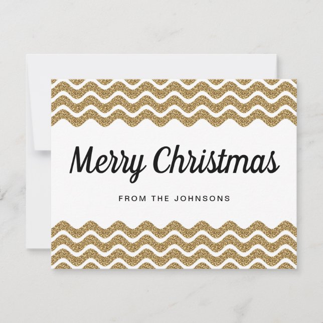 Gold Glitter White Chevron Stripes Merry Christmas Holiday Card (Front)