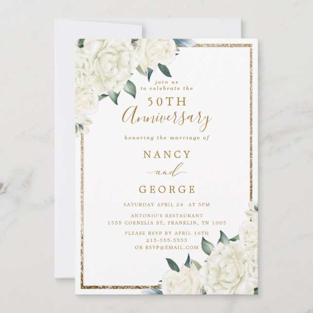 Gold Glitter White Floral 50th Wedding Anniversary Invitation (Front)