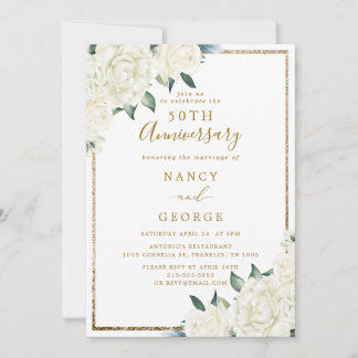 Gold Glitter White Floral 50th Wedding Anniversary Invitation