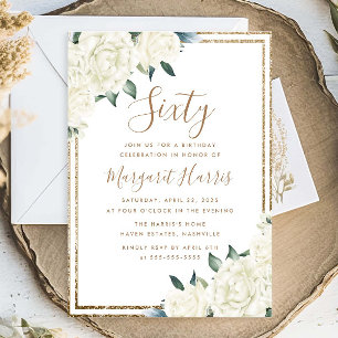 Gold Glitter White Floral 60th Sixty Birthday Invitation