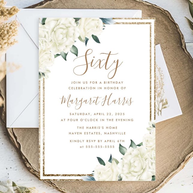 Gold Glitter White Floral 60th Sixty Birthday Invitation (Creator Uploaded)