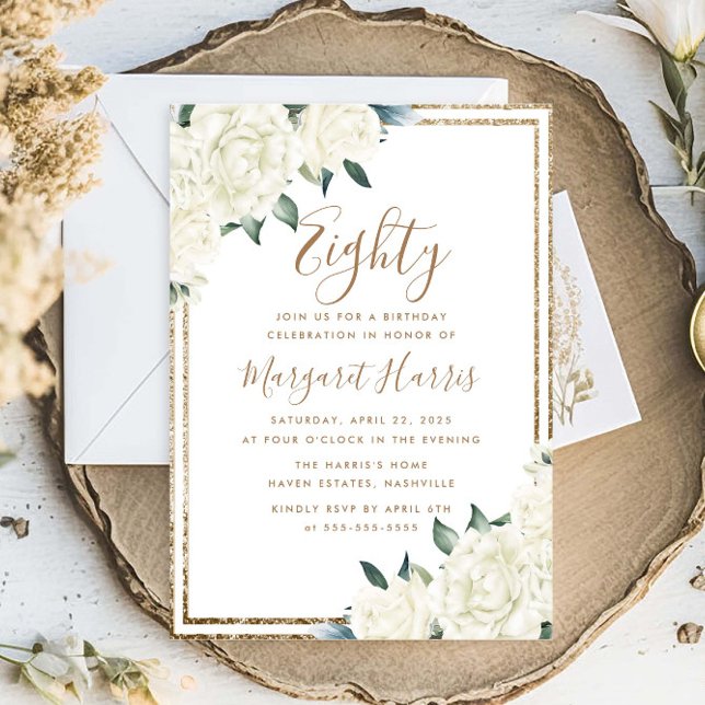 Gold Glitter White Floral 80th Eighty Birthday Invitation (Creator Uploaded)