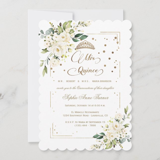 Gold Glitter White Floral Mis Quince Quinceañera Invitation (Front)
