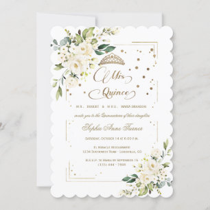 Gold Glitter White Floral Mis Quince Quinceañera Invitation