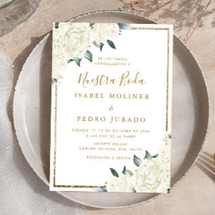 Gold Glitter White Floral Nuestra Boda Wedding Invitation