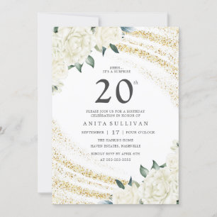 Gold Glitter White Floral Twenty 20th Birthday Invitation