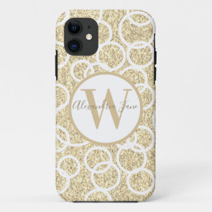 Gold Glitter White Geometric Circles Monogram  iPhone 11 Case