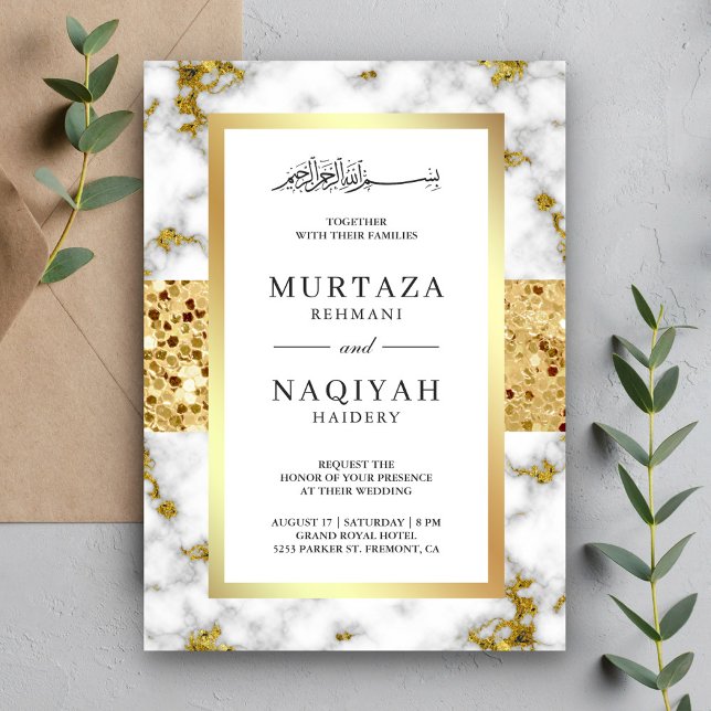 Gold Glitter White Grey Marble Muslim Wedding Invitation (Creator Uploaded)