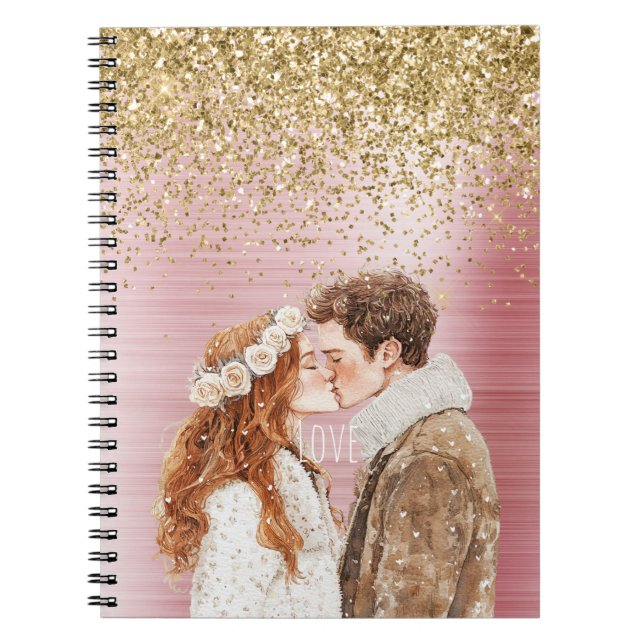 Gold Glitter White Hearts Balloons Notebook (Front)