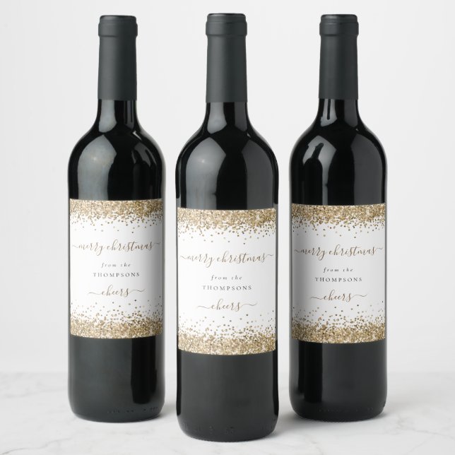 Gold Glitter White Name Merry Christmas  Wine Label (Bottles)