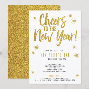 Gold Glitter White New Year's Eve Party Invitation