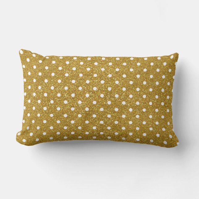 Gold Glitter & White Polka Dots Pattern Lumbar Cushion (Front)
