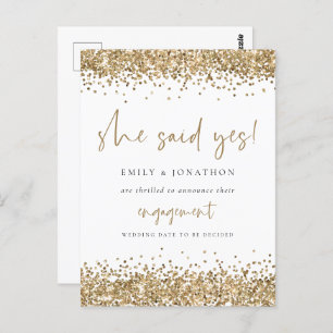 Gold Glitter White She Said Yes Engagement Postcard