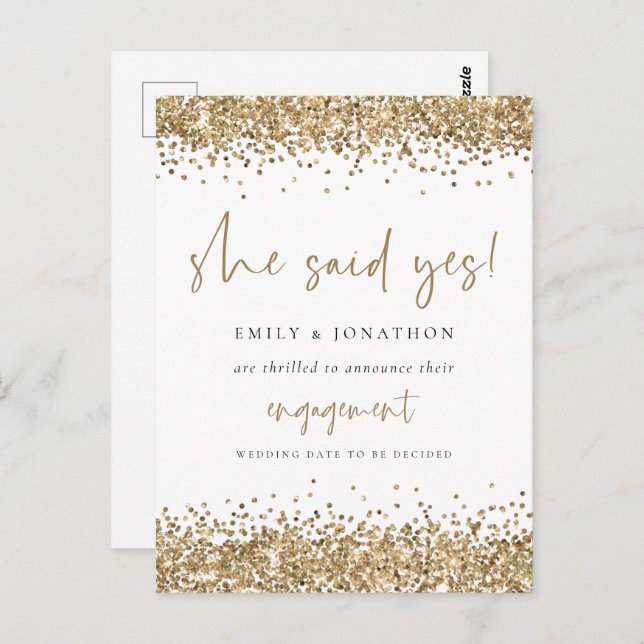 Gold Glitter White She Said Yes Engagement Postcard (Front/Back)