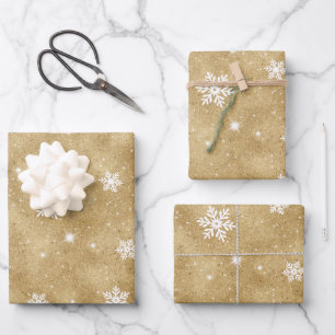 Gold Glitter White Stars and Snowflakes Pattern Wrapping Paper Sheet