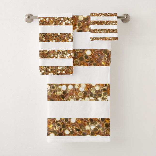 Gold Glitter White Striped Bath Towel Set (Insitu)