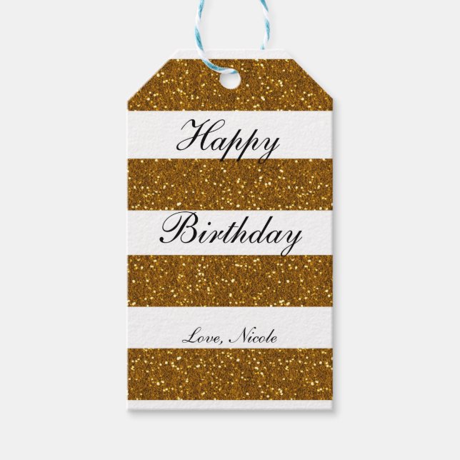 Gold Glitter & White Stripes Chic Party Gift Tag (Front)